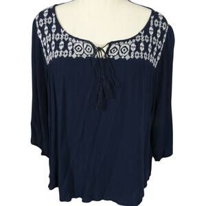 Aeropostale Large Blue White Embroidered Shirt 3/4 Sleeves Tassel Boho Peasant